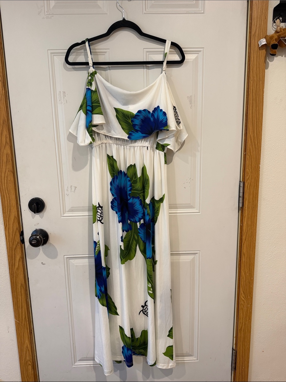 Women’s White Floral Maxi Dress with Blue Flowers